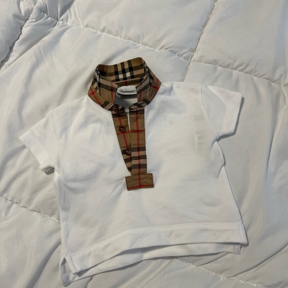 Burberry Kids White Shirt with Tan Plaid Accents